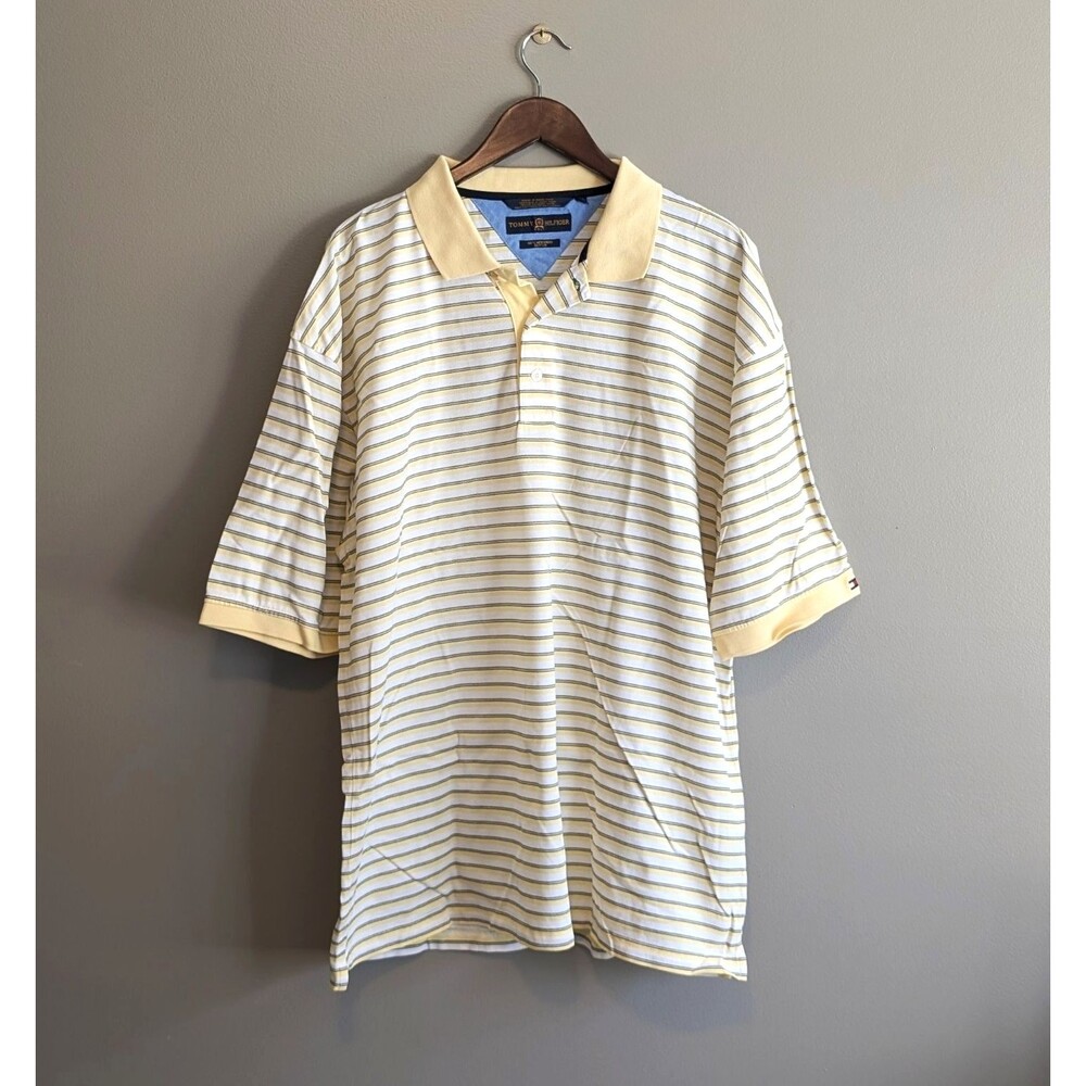 Vintage Tommy Hilfiger Mens XXL 2XL Yellow Striped Polo Shirt Y2K 2002 Retro